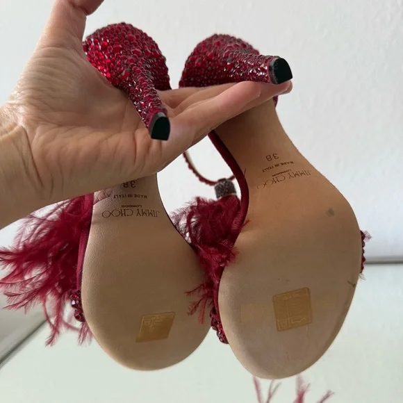 New Jimmy Choo VIOLA 110 Suede Crystal Sandals Red Ostrich Feather Tassel - Picture 13 of 17